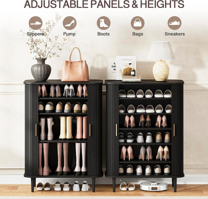 DHH Shoe Storage Cabinet with Sliding Door, 6-Tier Shoe Cabinet with Adjustable Shelves, Modern Freestanding Shoe Storage Organizer for Entryway, Hallway, Living Room (Walnut, 47 ")