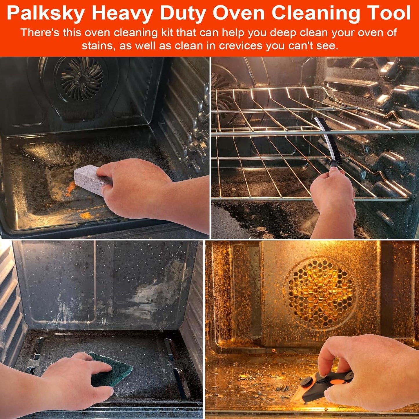 Palksky Heavy Duty Oven Cleaner Tools, Oven Cleaning Accessories, Oven Cleaning Kit with Crevice Cleaning Brush, Razor Blade Scraper, Pumice Stone, Cleaning Rags
