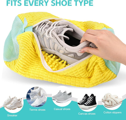 Shoe Washing Machine Bag Reusable Sneaker Washing Bag with Built-in Fluffy Brushes for 360° All-Around Cleaning, Laundry Shoe Bag is Designed for Washer and Dryer （Yellow 2pcs）