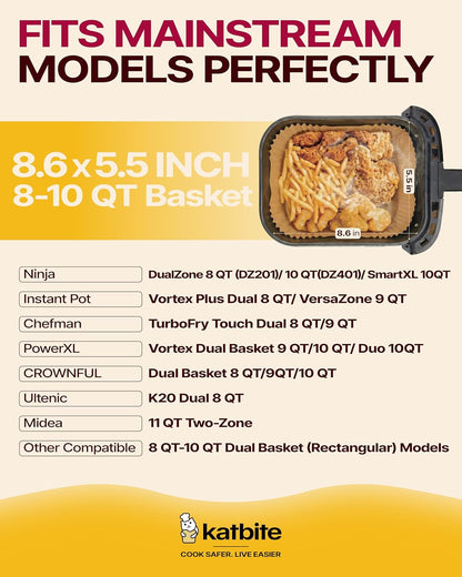 Katbite Air Fryer Liners, 8.6 x 5.5 Inch for Dual Basket Fryers, 220 Count | Disposable oil-proof parchment liners for dual basket air fryers; Compatible with Foodi DZ201, DZ401 and FG551 models.