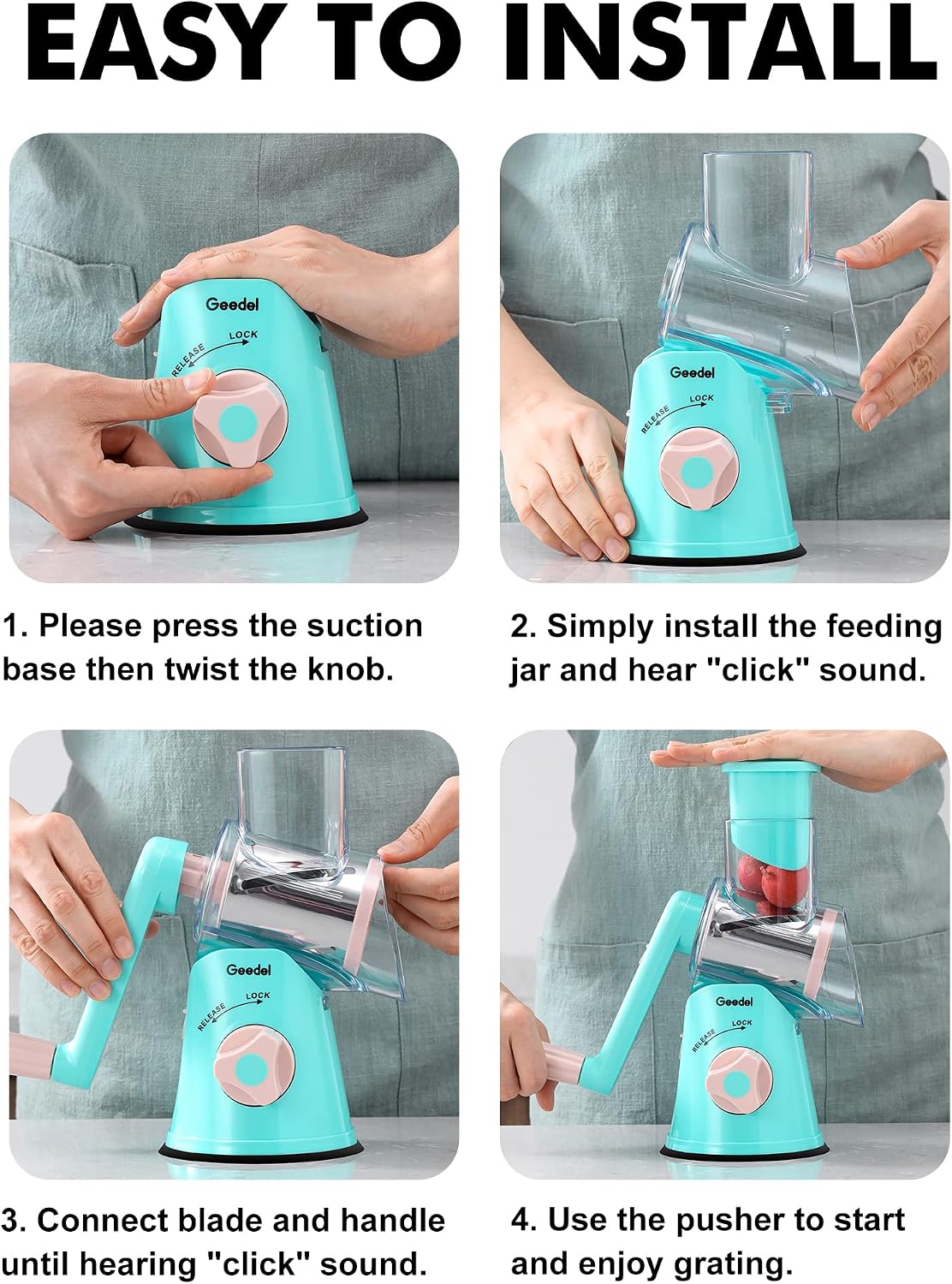 Geedel Rotary Cheese Grater, Kitchen Mandoline Vegetable Slicer with 3 Interchangeable Blades, Easy to Clean Rotary Grater Slicer for Fruit, Vegetables, Nuts | 3 Blades, 430 Stainless Steel, 12x Fast Cutting, Strong Suction Base, No BPA, Dishwasher Safe,