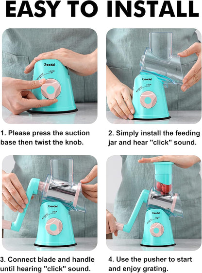 Geedel Rotary Cheese Grater, Kitchen Mandoline Vegetable Slicer with 3 Interchangeable Blades, Easy to Clean Rotary Grater Slicer for Fruit, Vegetables, Nuts | 3 Blades, 430 Stainless Steel, 12x Fast Cutting, Strong Suction Base, No BPA, Dishwasher Safe,