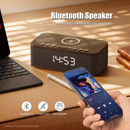 Alarm Clocks for Bedrooms, Wireless Charger, Bluetooth Speaker, White Noise Machine, Digital Clock with Dual Alarm, Dimmable Display, USB Charging Port, Black