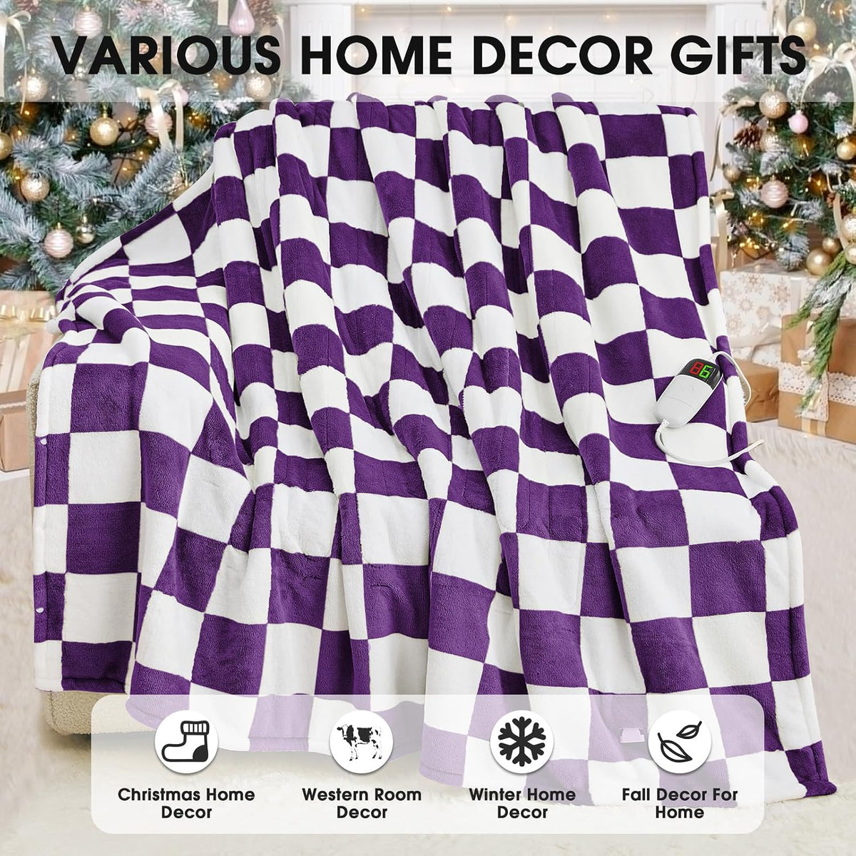 Heated Blanket Electric Throw 50X60 Heating Blanket with 10 Heating Levels 8 Hours Auto Off, Blue Plaid Sherpa Blankets Winter Warmer, Home Decor for Couch Bed Office,Gifts for Mom, Women,Washable