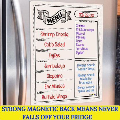 White Magnetic Dry Erase Weekly Menu Board for the Fridge | Weekly meal and dinner planner, 7-day grid, grocery and to-do lists, 12x16 inches, fits standard fridge, 3 markers, eraser