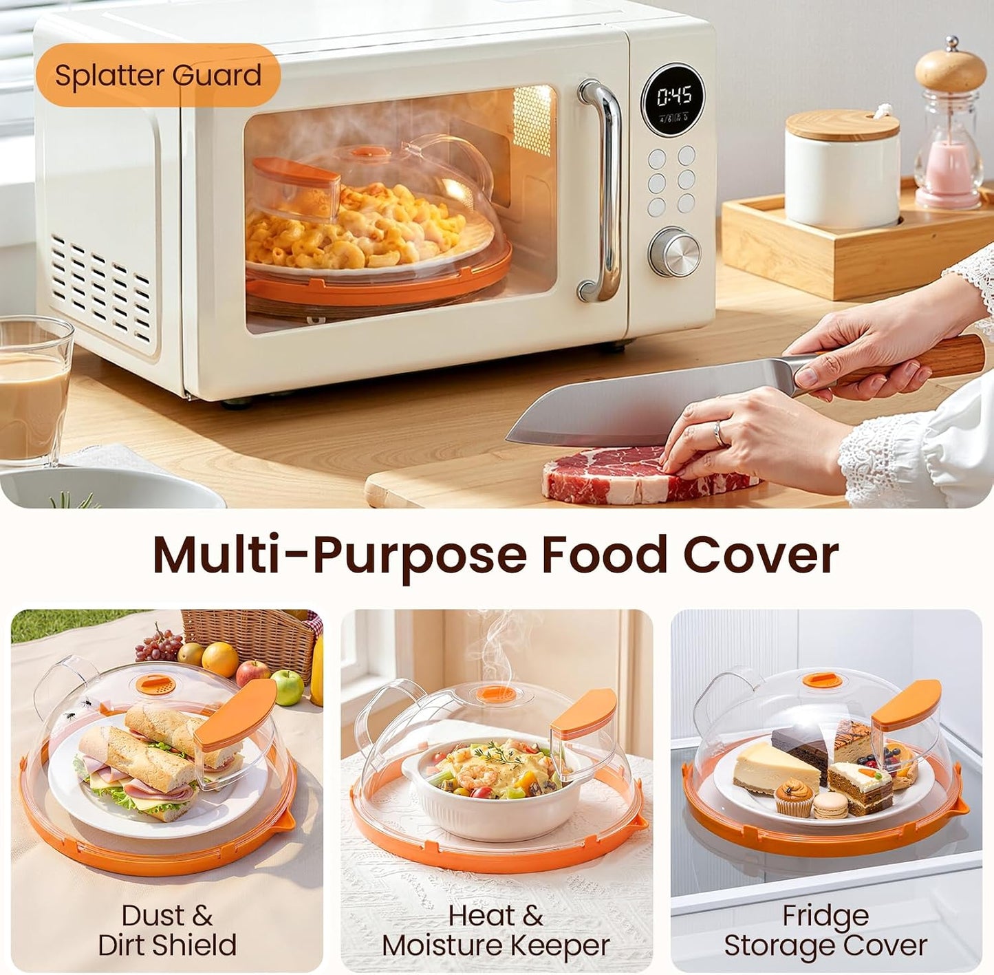 Microwave Splatter Cover for Food with Water Steamer 12inch, Food-Grade | Microwave Splatter Guard, BPA-Free, Microwave-Safe, Rotating Vent, Anti-Scald Handle, with Silicone Trivet and Gap Brush
