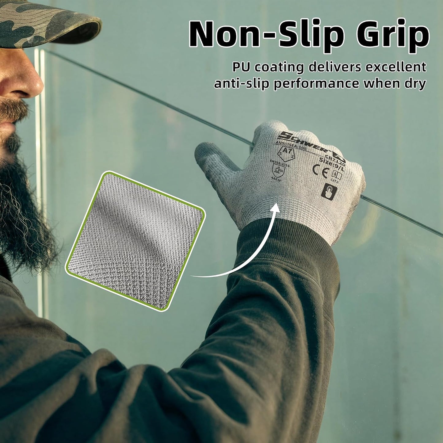 Schwer 3 Pairs A6/A7 (Send Randomly) Cut Resistant Work Gloves, CR7120, L | PU Coated, Non-Slip, Touchscreen, Used for Woodworking, Glass Cutting, Construction, Cargo Handling, Mechanical Maintenance