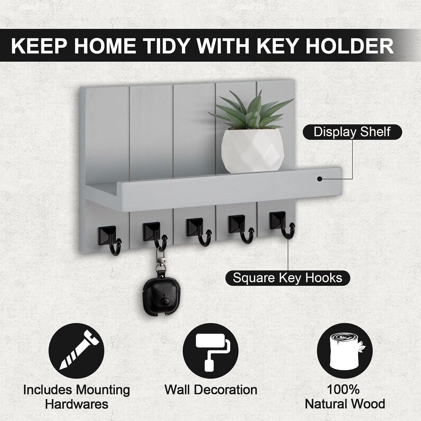 Key Holder for Wall, Decorative Key Holder with Shelf | Key and Mail Holder Wall Mount, Farmhouse Decor with 5 Key Hooks for Keys, Coats, ect.