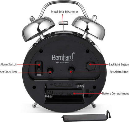 Bernhard Products Analog Alarm Clock 4" Twin Bell Vintage Navy Blue Silent Non-Ticking Quartz Battery Operated Extra Loud with Backlight for Bedside Table Desk, Retro Old Fashioned for Heavy Sleepers