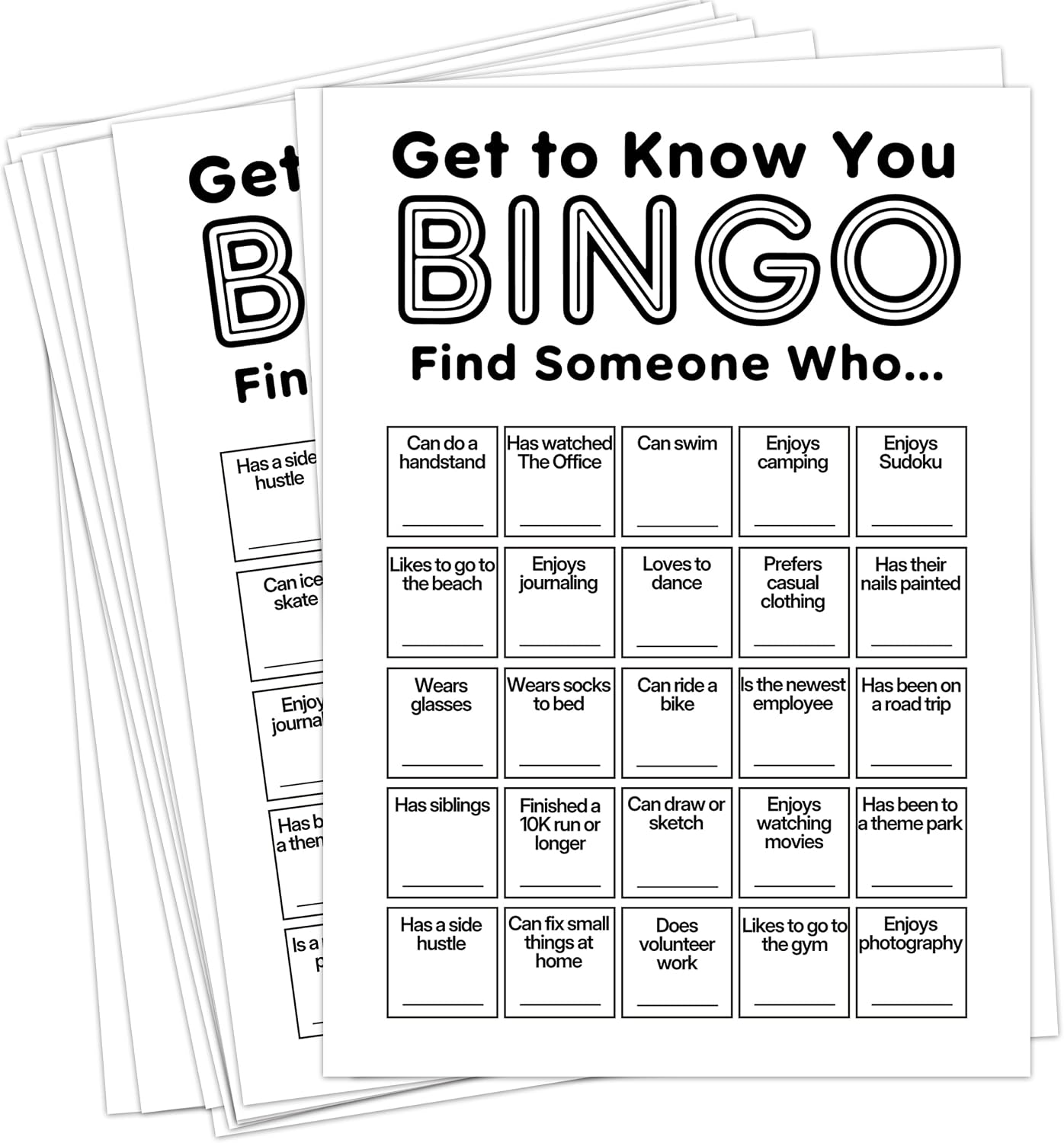 Find Someone Who Bingo Cards, 25 Unique Randomized 5x7 Sheets, Get to Know You Bingo Game for Adults, Ice Breaker Office Party Games, Team Building Games for Work, High Replay Value - A05