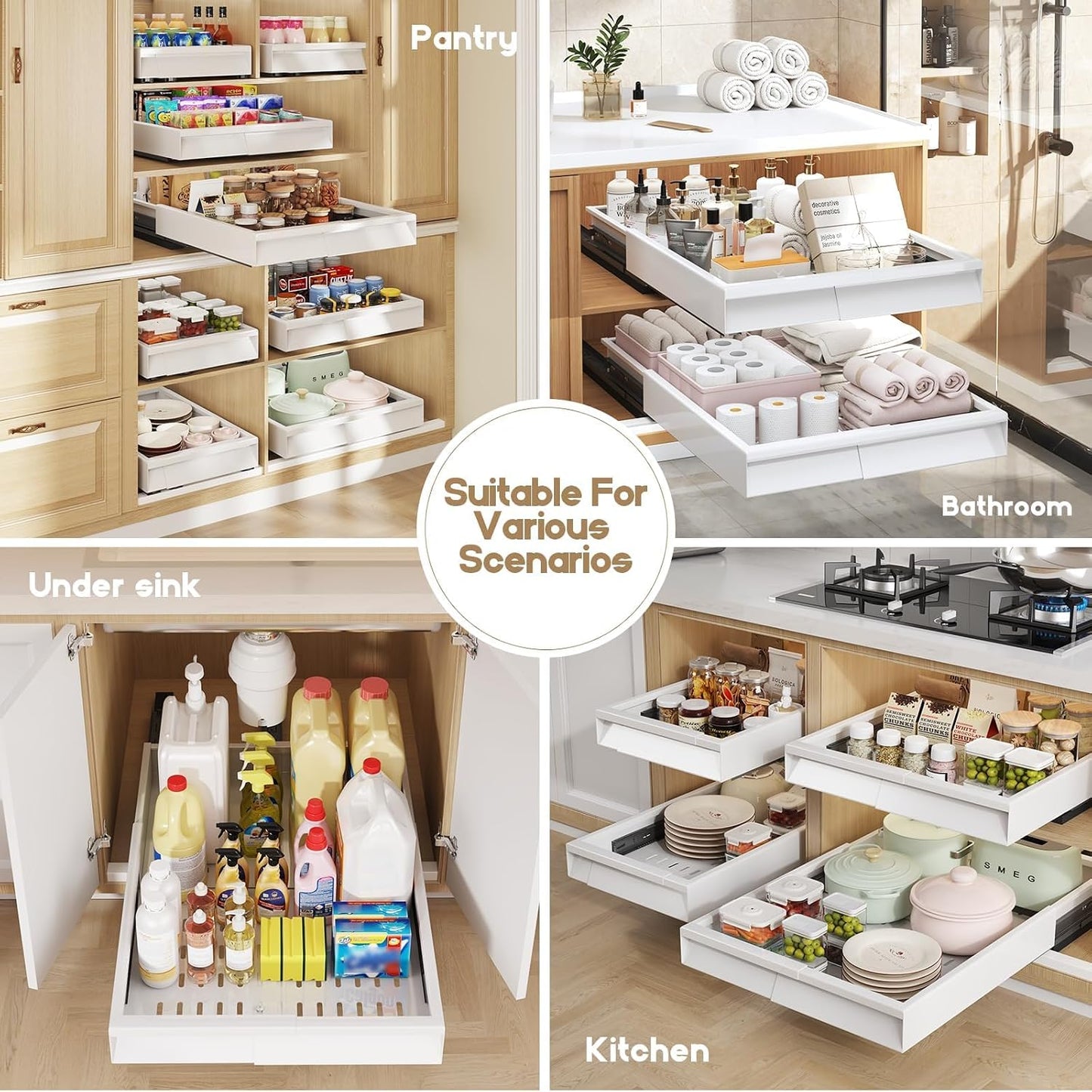 Seinloes Pull Out Cabinet Organizer, 4-Side Expandable to Fit Most Cabinets, 3 Rail Slide Out Drawers with Raising Pad for Framed & Frameless Cabinets, 13"-21" W x 17"-24" D, White, 2 Pack