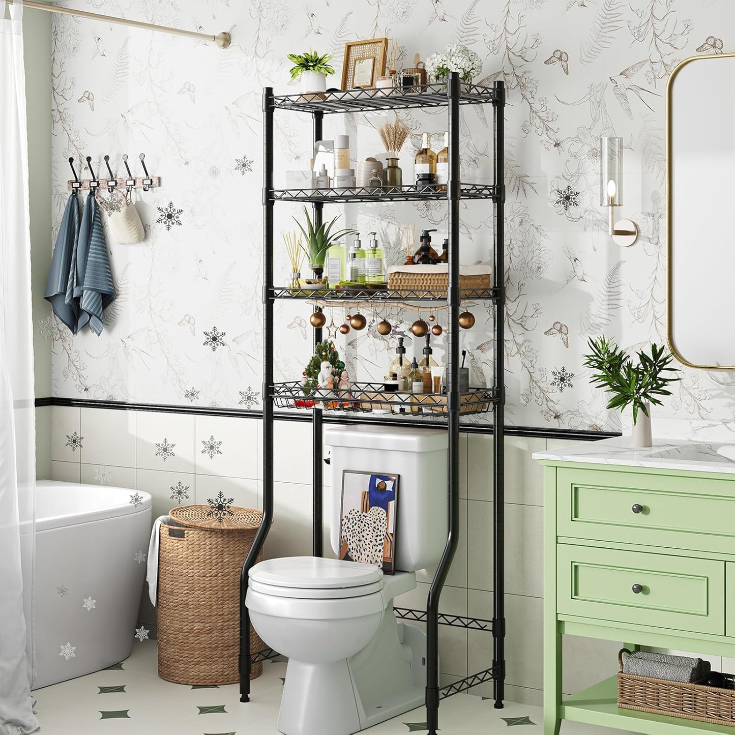 Simple Trending Over The Toilet Storage Cabinet, Metal Bathroom Shelf Organizer with Paper Holder and Hooks, 3 Tier, Black