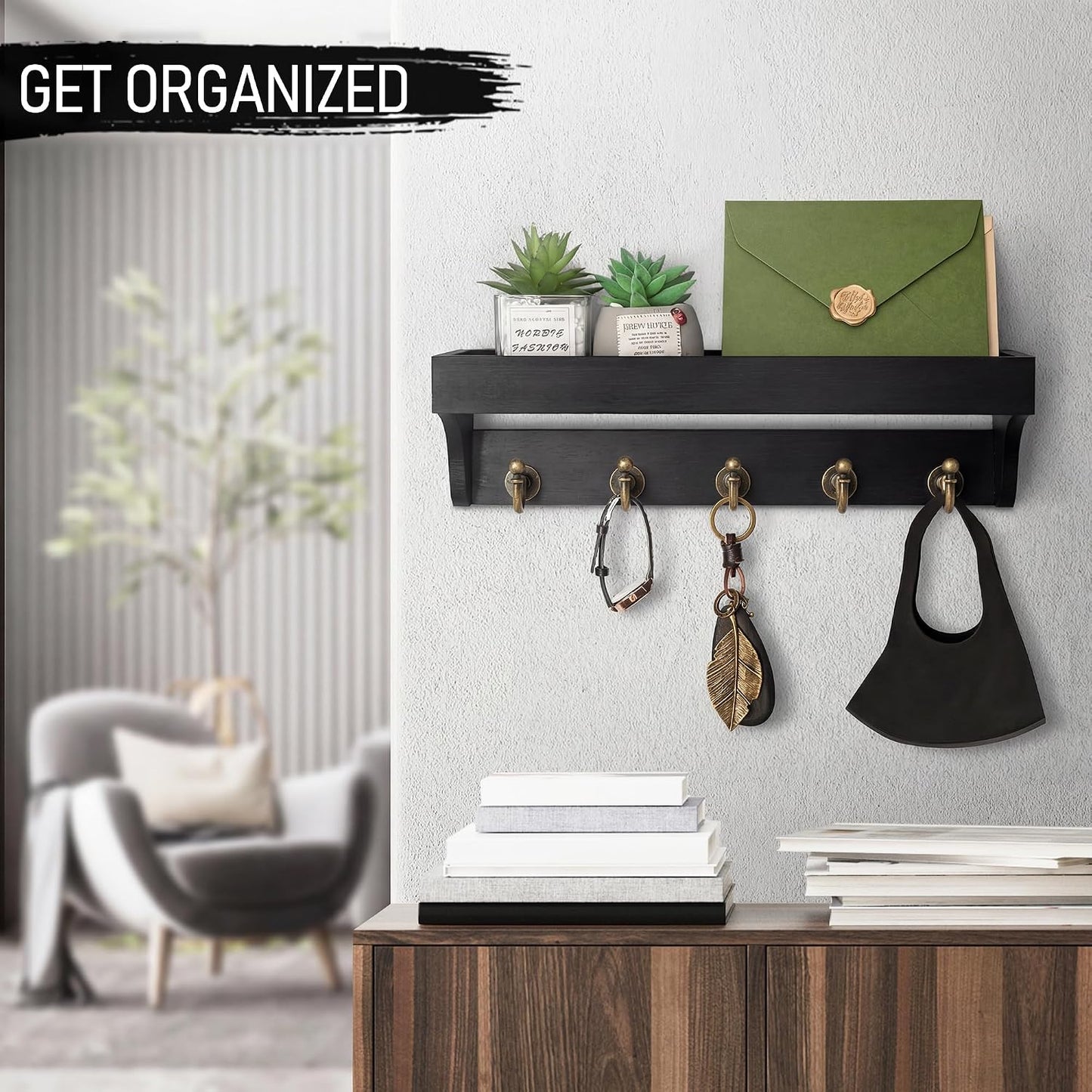 Rebee Vision Key Holder Wall Mount with 5 Hooks for Entryway, Retro Brown | Display Shelf for Plant & Letters, Key Shelf for Hats, Dog Leashes, Mail Organizer, Decorative Entryway & Living Room