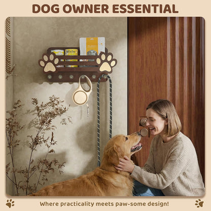 MTERSN Dog Leash Holder for Wall with Wall Shelf for Dog Lover, White | 3D Paw-print Design, Mail Holder for Wall with 6 Hooks for Dog Leash & Sunglasses, Put Dog Food Container, Rustic Home Decor