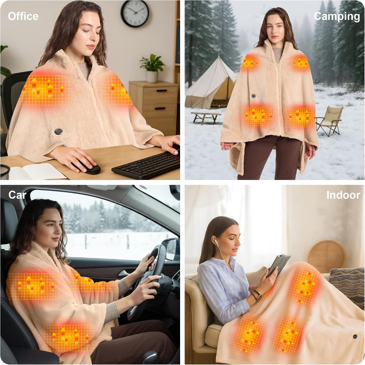 Heated Blanket Battery Operated with Fleece Lining 7.4V 16000mAh Battery 62" x 35" Heated Shawl Wraps for Women Men Cordless USB Outdoor Portable Electric Blanket 6 Heating Zones Khaki
