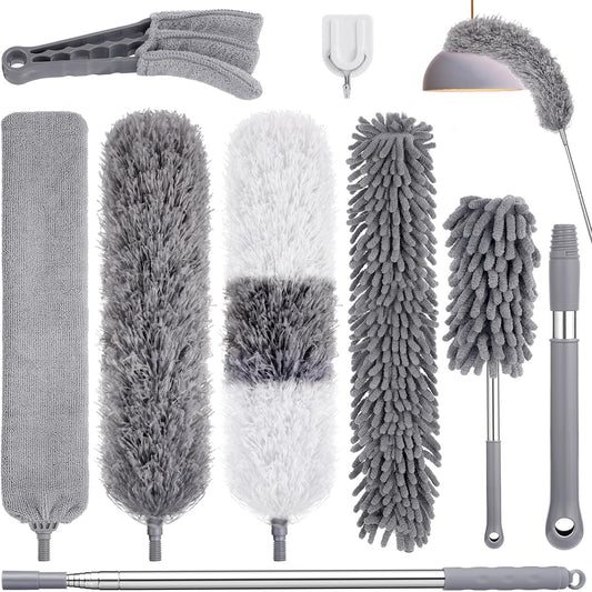 Feather Duster Set (4 Pieces), 30-100 inch Microfiber Retractable Gap Duster for Cleaning Ceilings, Furniture Refrigerators and Under Sofas | Bendable Head for Corner Cleaning, Washable Reusable Duster, Household Tool for Ceiling Furniture Under Sofa