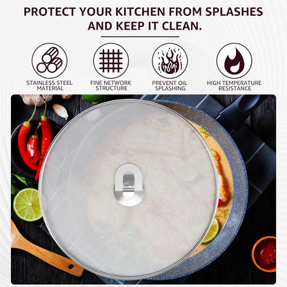 3 Pcs Splatter Guard Stainless Steel Frying Pan Splatter Screen Splash Proof Oil Splatter Cover with Foldable Handle Mesh Oil Proofing Lids for Kitchen Cooking (9.8 inch, 11.4 inch, 13 inch)