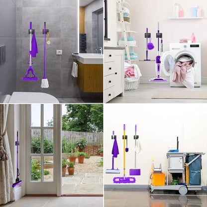 Stainless Steel Broom Holder, Heavy Duty, Rust Resistant, 4 Gripper Positions with 4 Hooks, Black | Drill-Mounted Gripper Rack Holds Brooms, Mops and Garden Tools Safely in the Laundry Room, Kitchen, Garage, Garden and Shed