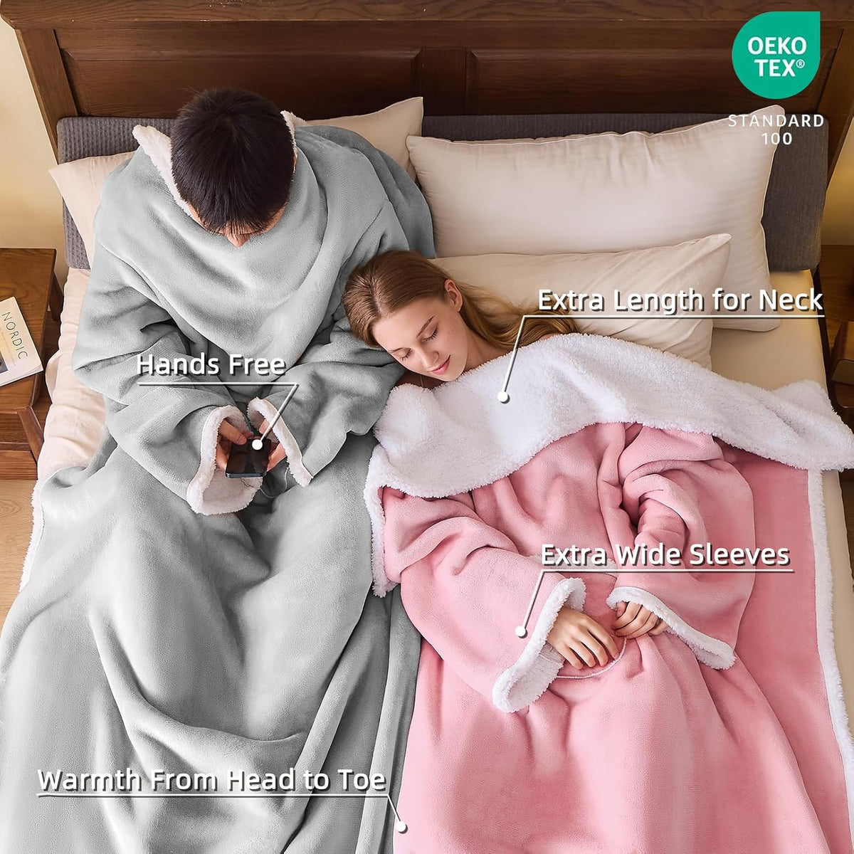 IFNOW Sherpa Wearable Blanket with Sleeves, Oversized Snuggle Robe, Grey