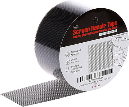 by.RHO Screen Repair Tape – Strong Self-Adhesive Window & Screen Door Repair Kit, Fiberglass Screen Patch 2"×33ft, Easy Cut and Apply, Indoor-Safe Adhesive, All-Weather (Black)