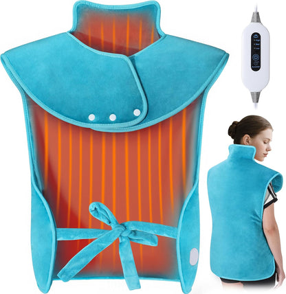 Tovve Heating Pad for Back Neck Shoulders, Large Wearable Relax Muscles, Birthday Gifts for Women Men Mom Dad Elderly, 3 Heat Settings/2-Hour Safe Auto-Off, 24"×37" Ergonomic Fit Design-Blue
