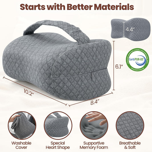 Memory Foam Knee Pillow for Side Sleepers with Strap, Gray | Supportive, Heart-Shape Pillow Between Legs for Sciatica, Lower Back, Hip, Joints Pain Relief, Removable Washable Cover