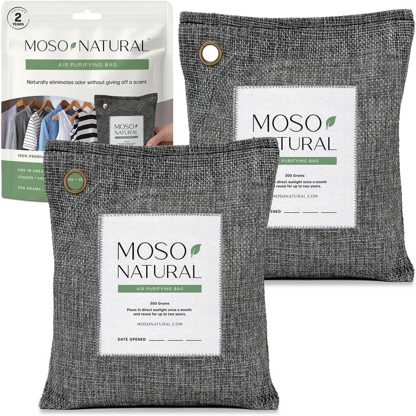 Moso Natural Air Purifying Bag 200g, Charcoal Odor Absorber, Car Odor Eliminator & Closet Deodorizer for Home & Pet, Lasts 2 Years, Unscented Bamboo Charcoal Bags, HGTV Editors' Pick