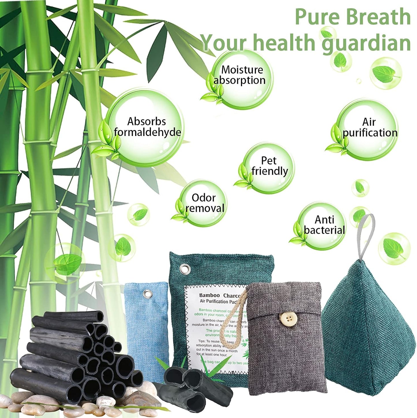 Charcoal Bags Odor Absorber (3x200g) Activated Bamboo Charcoal Air Purifying Bags Charcoal Odor Eliminating Bags for Home & Car Shoes, Closet, Pet -3 PACK