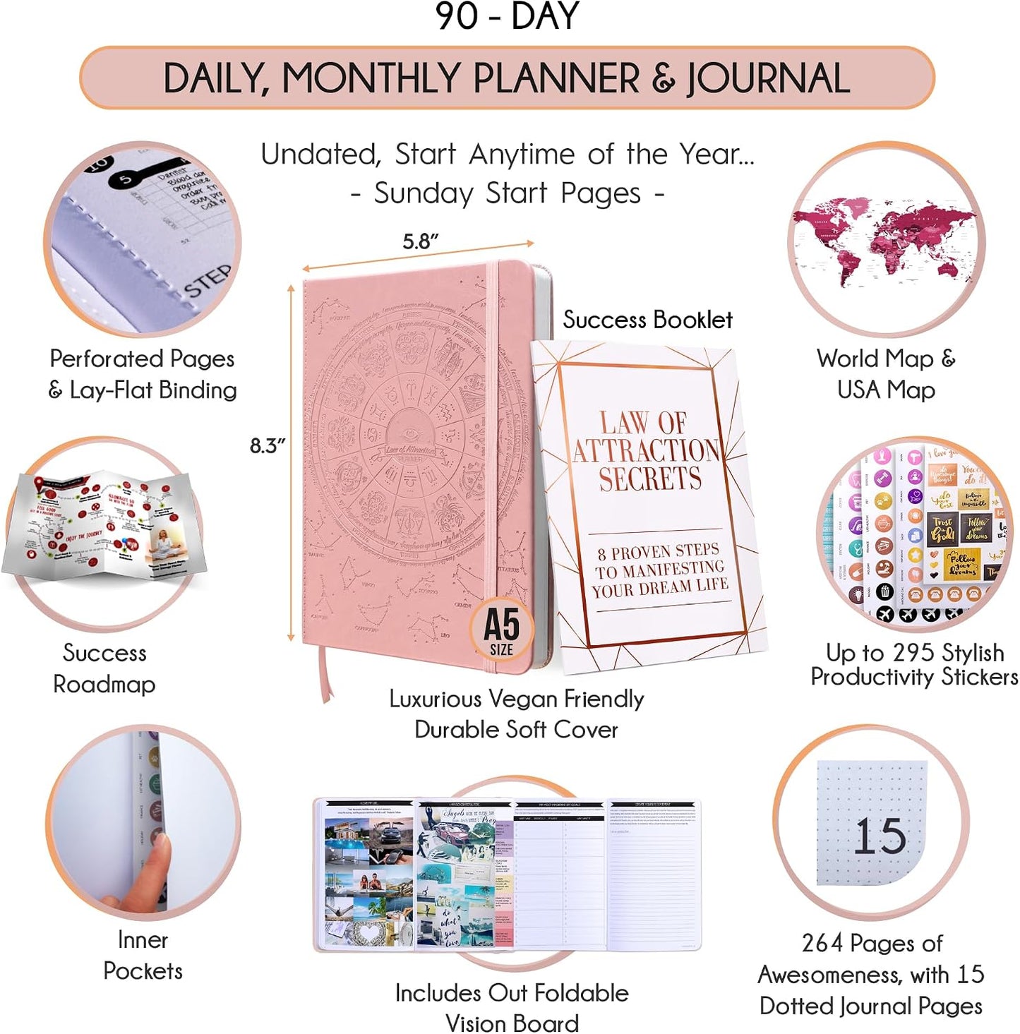 Freedom Mastery Daily Journal of Gratitude, Productivity & Habit Tracker | Undated 90-Day Planner with Daily Reflection, Mindfulness, Positivity, Vision Board & Stickers, Gratitude Journal for Women