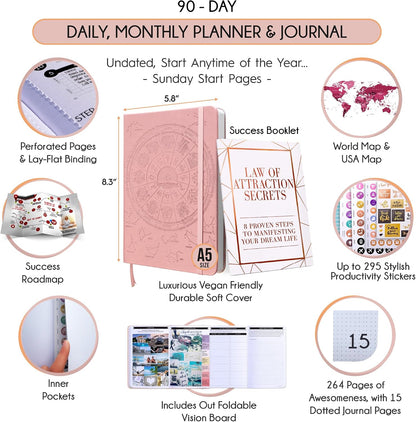 Freedom Mastery Daily Journal of Gratitude, Productivity & Habit Tracker | Undated 90-Day Planner with Daily Reflection, Mindfulness, Positivity, Vision Board & Stickers, Gratitude Journal for Women