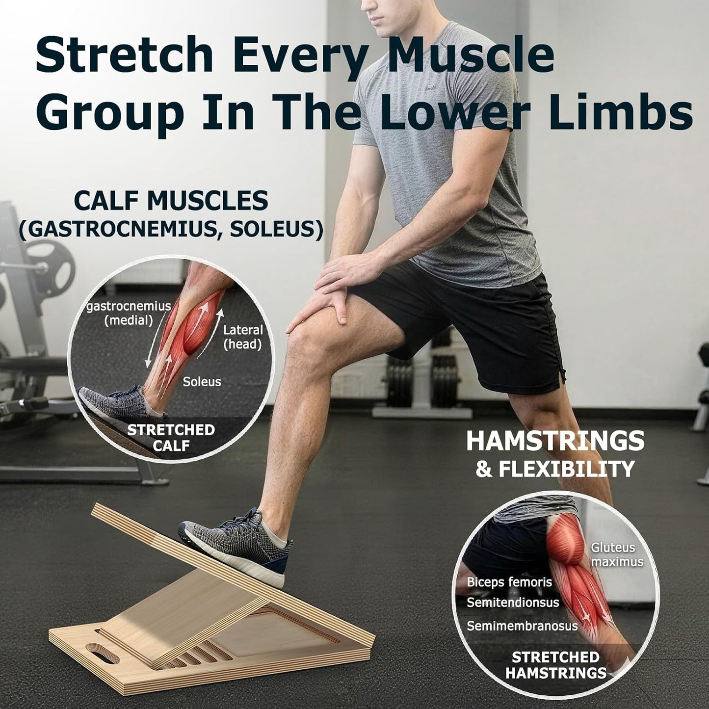Wooden Slant Board for Calf Stretching, 5 Adjustable Angles, 300lb Capacity | 15.5-Inch Anti-Slip Squat Wedge for Yoga Pilates Fitness, Physical Therapy for Ankle Mobility & Hamstring Stretch
