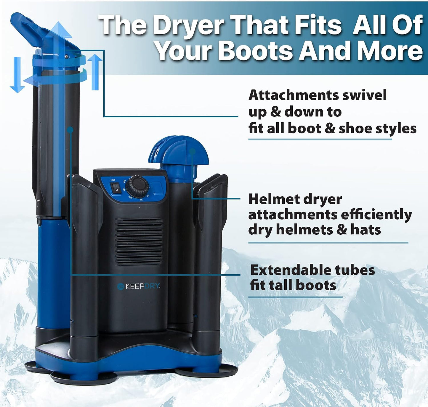 Forced Heat Boot Dryer - Heavy Duty Shoe Dryer with Heat Switch & Timer - Quickly Dry Garments - Collapsible Drying Tubes | 3-hour timer, shutoff option for delicate materials, four adjustable tubes, helmet and hat attachments