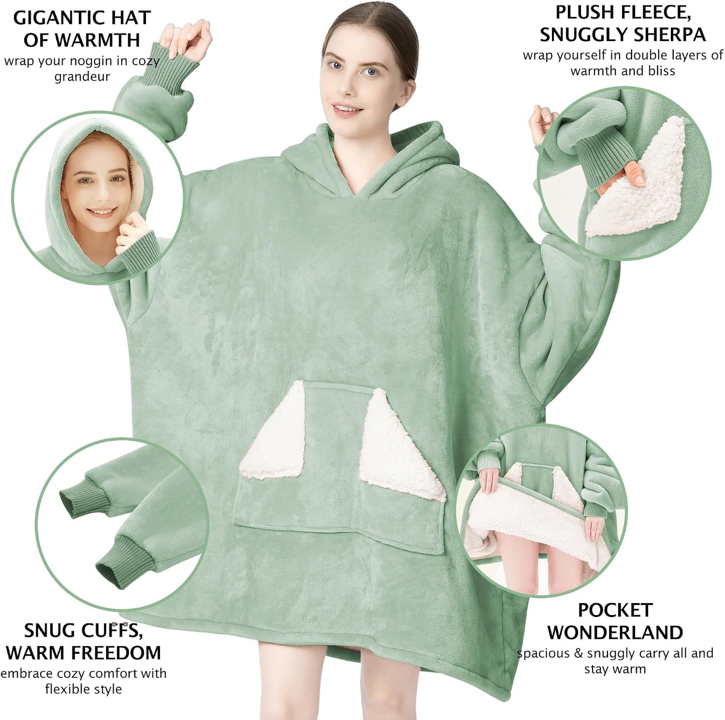 Wearable Blanket Hoodie, Oversized Sherpa Fleece Sweatshirt Blanket with Giant Hood Pocket and Sleeves for Adult, Warm & Cozy Grey Blanket Gifts for Women