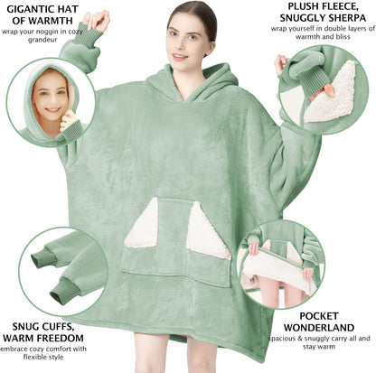 Wearable Blanket Hoodie, Oversized Sherpa Fleece Sweatshirt Blanket with Giant Hood Pocket and Sleeves for Adult, Warm & Cozy Grey Blanket Gifts for Women