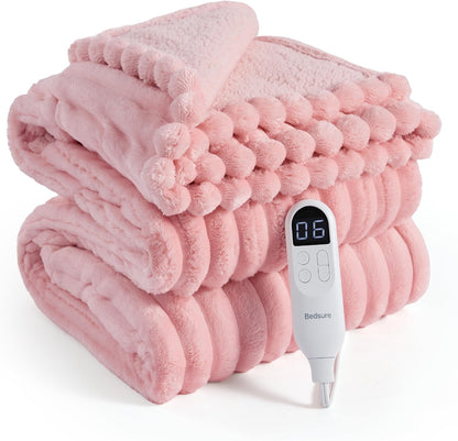 Bedsure Heated Blanket Electric Throw - Thick Striped Fast Heating Electric Blanket with Preheat Function, 6 Heat & 6 Timer (Up to 10H), 8H Auto Off, ETL Certified, Gifts for Women (50"x60", White)