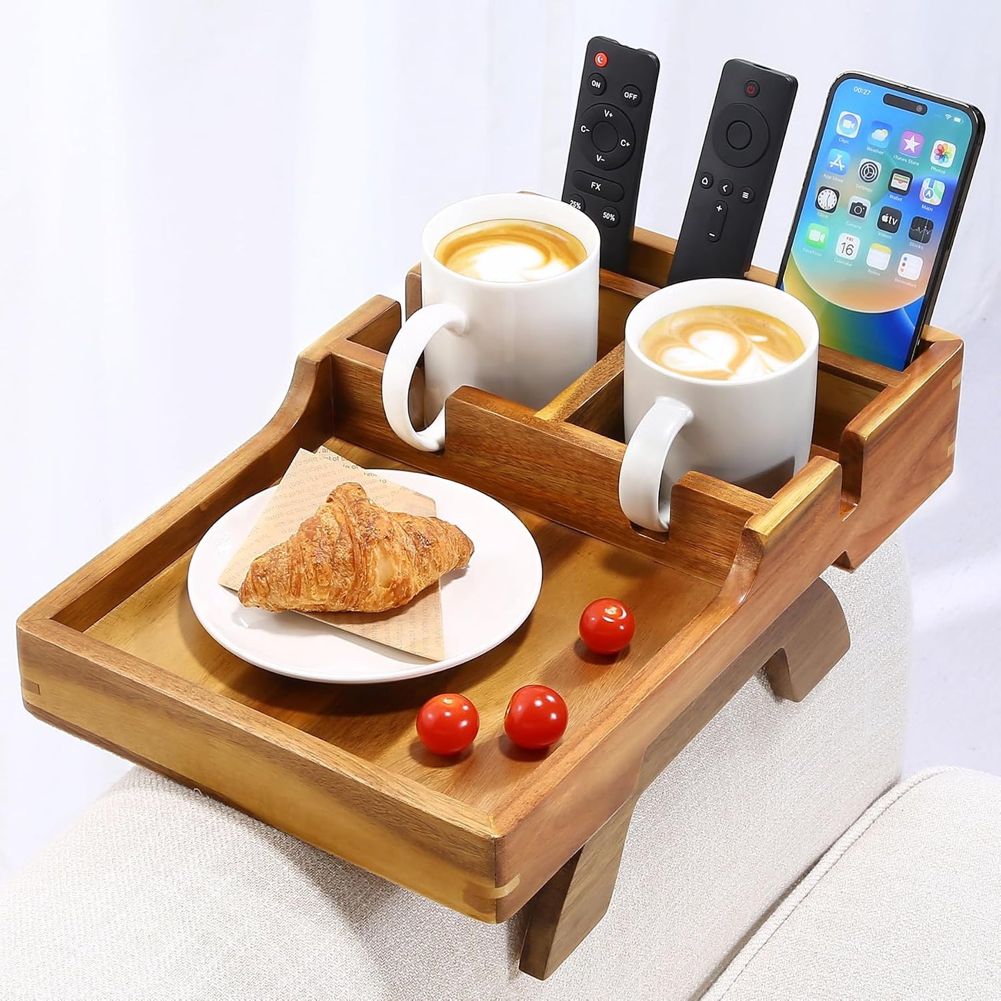 Couch Armrest Table, Acacia Wood Sofa Arm Table with 2 Cup Holders, 15.4"x9.8" Large Foldable Clip on Couch Arm Tray Table with Remotes Storage Slot