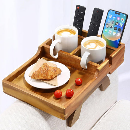 Couch Armrest Table, Acacia Wood Sofa Arm Table with 2 Cup Holders, 15.4"x9.8" Large Foldable Clip on Couch Arm Tray Table with Remotes Storage Slot