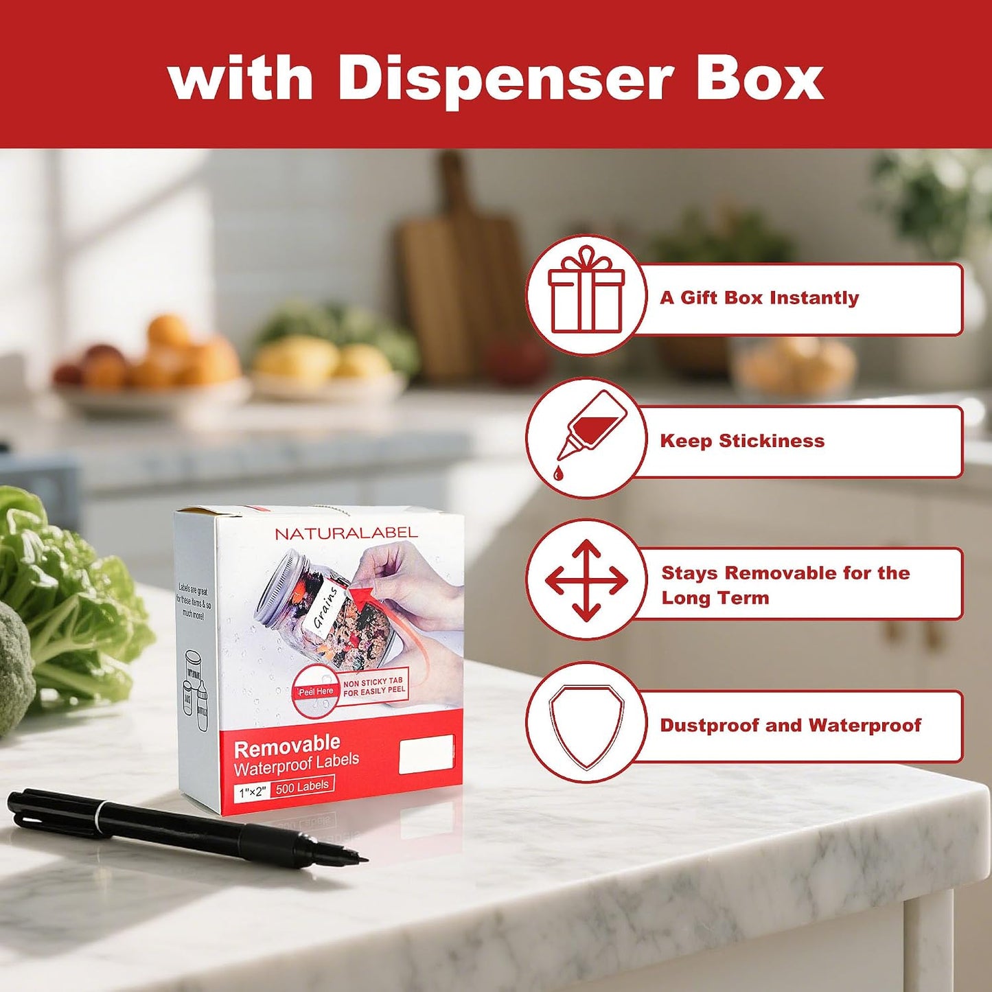 Removable Freezer Labels with Dispenser, 1" x 2", 1 Box (Blank) | Writable, remove no residue, waterproof & oilproof, easy peel-off design, 500 labels per box, for meal prep containers