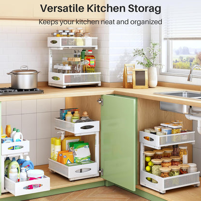 Under Sink Organizer, 2 Tier Pull out Cabinet Organizer Baskets with Mesh Sliding Drawers, Slide out Storage Shelf for Home, Kitchen, Bathroom, Pantry, Office Cabinet, Countertop(1 Pack)