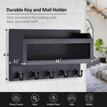Nekon Mail and Key Holder for Wall Decorative, 11 Inch Mail Holder, Brown | Wooden Wall Key Organizer with 5 Key Hooks, Wall Mount Storage Shelf for Entryway Hallway