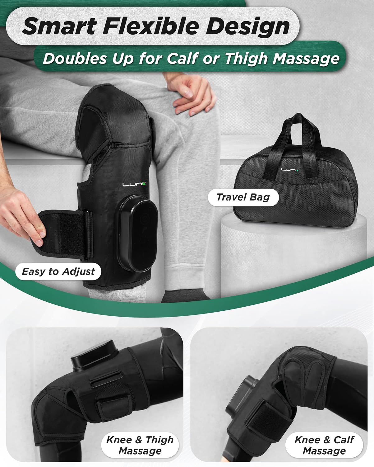 Lunix LX4 FSA Cordless Knee Massager with Heat, Compression & Vibration, Rechargeable Wrap for Knee, Calf & Thigh, Hot/Cold Therapy Option, Touchscreen Control for Everyday Comfort, Charcoal Black