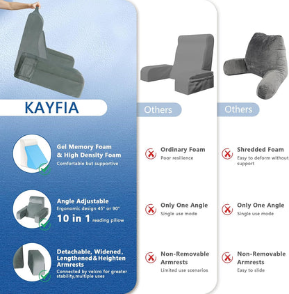 Kayfia Reading Pillow, Gel Memory Foam Back Rest Pillow, 19", Gray