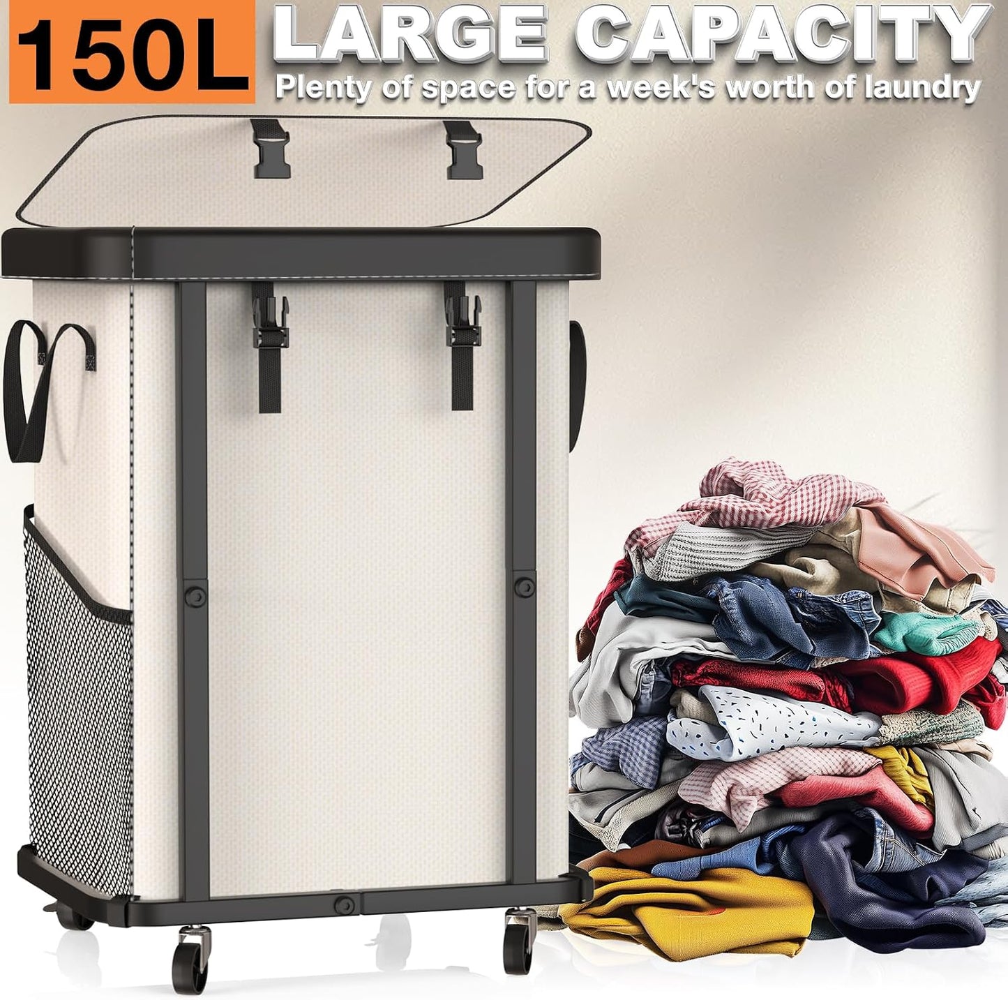 Laundry Hamper with Wheels,150L Leather Patchwork Clothes Hamper Black | Rolling Laundry Basket with Sturdy Metal Frame, Removable Washable Bag,Tall Clothes Sorter for Bedroom, Laundry Room, Dorm