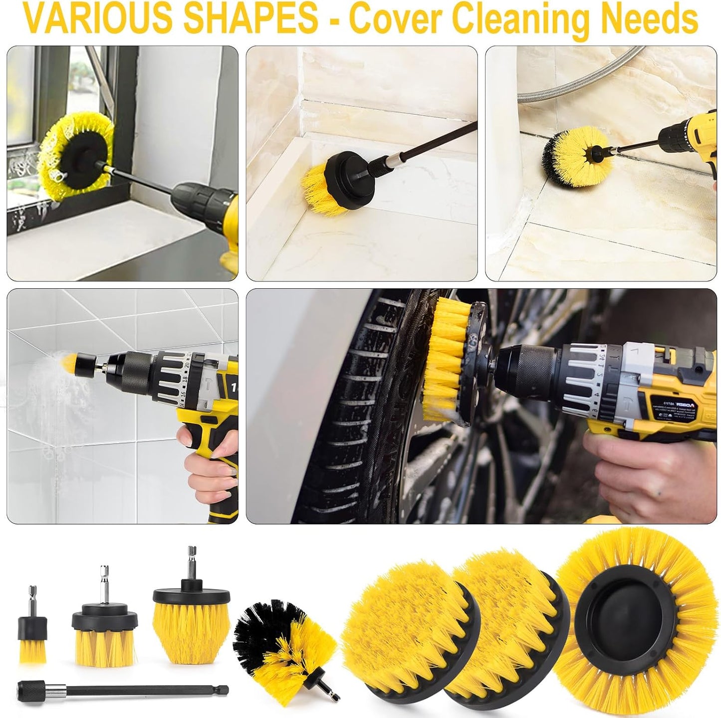 18 Pack Drill Brush Attachment Set, Power Cleaning Scrub Brushes for Drill, Extend Long Attachment, All Purpose for Car Detailing, Bathroom, Carpet, Tile Grout, Sinks, Corners