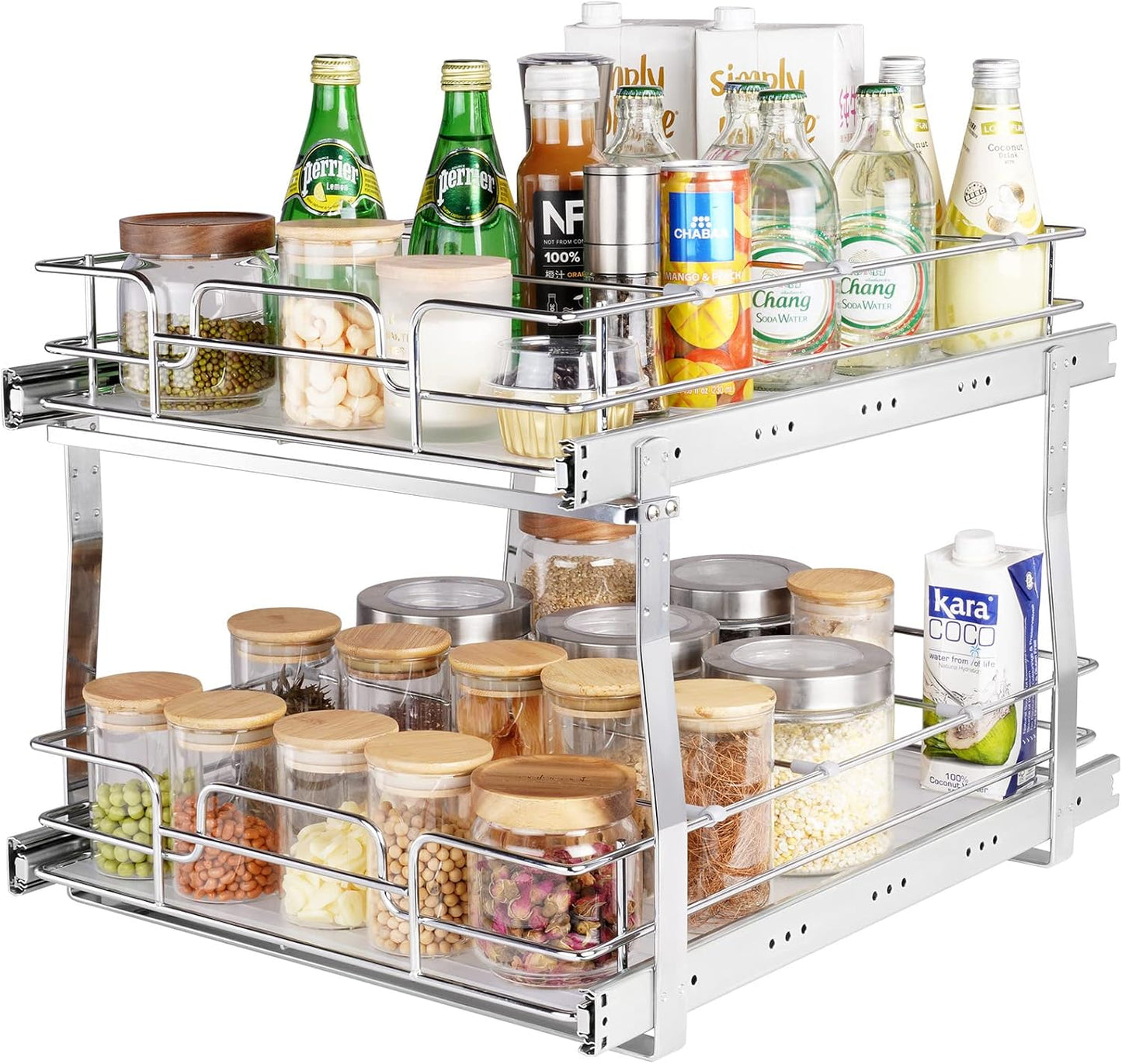 VEVOR Pull Out Cabinet Organizer, 14" Wx21.2 Dx15.2 H Heavy 2 Tier Duty Slide Out Pantry Shelves, Chrome-Plated Steel Roll Out Drawer for Under Sink, 15.5" Wx22.5 Dx19 H Install Size for Cabinet