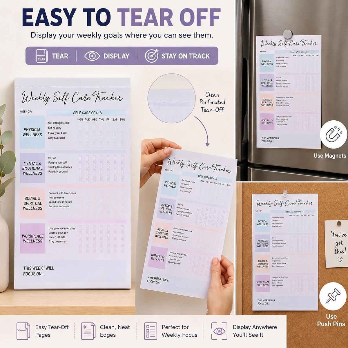 4 Pack Self Care Weekly Tracker Notepads (2 Blank + 2 Guided), 6 ''x 9''