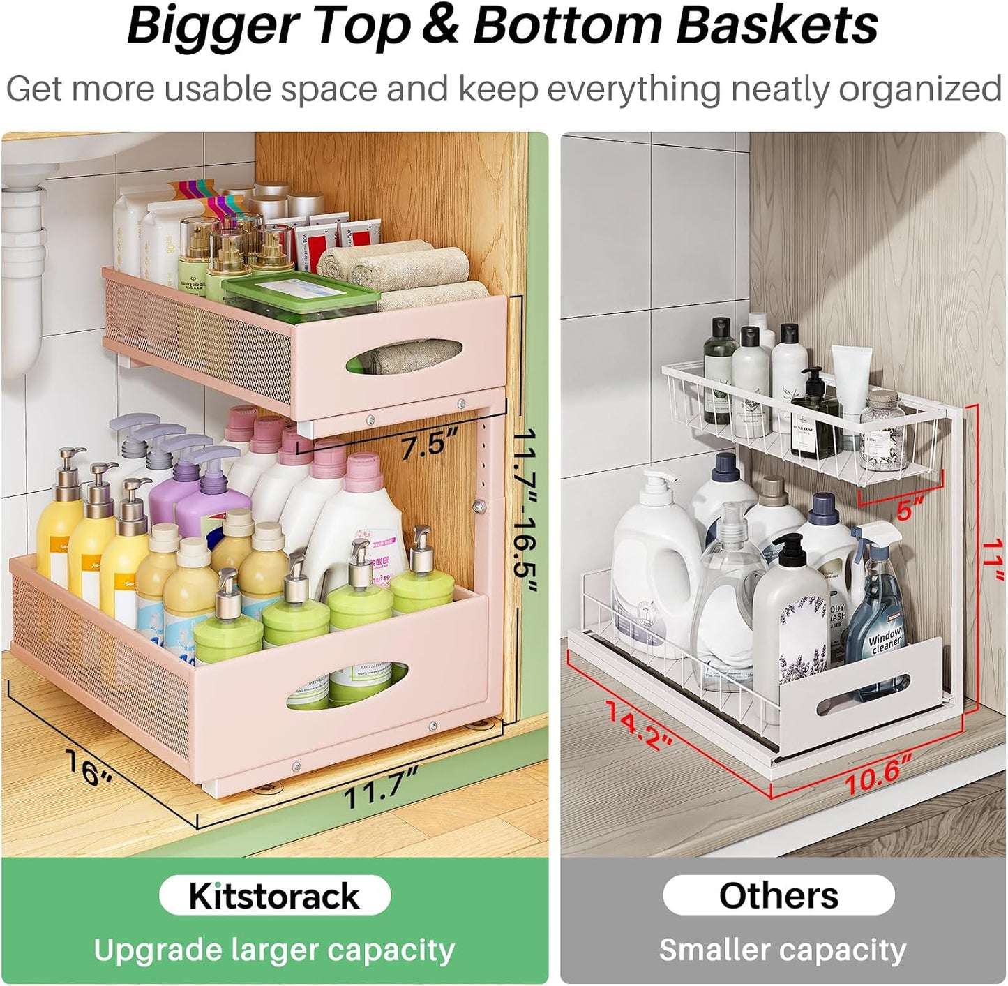 Under Sink Organizer, 2-Pack Pull Out Cabinet Organizer 2 Tier Metal Slide Out Storage Shelf Rack, L-Shaped Adjustable Height,Mesh Sliding Drawer for Kitchen, Bathroom, Laundry, Pantry, White, XL