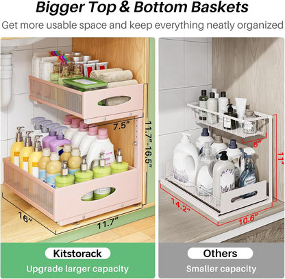 Under Sink Organizer, 2-Pack Pull Out Cabinet Organizer 2 Tier Metal Slide Out Storage Shelf Rack, L-Shaped Adjustable Height,Mesh Sliding Drawer for Kitchen, Bathroom, Laundry, Pantry, White, XL