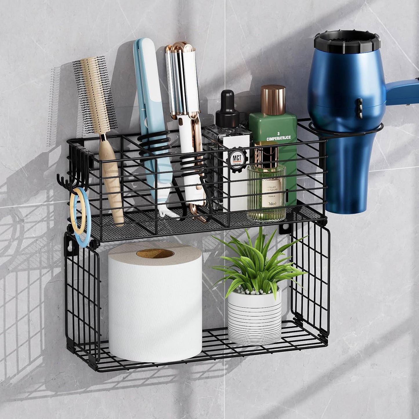3 Tier Hair Tool Organizer Wall Mount, curling iron holder Basket, Black | Metal Mesh, Hair Dryer Holder, Bathroom Hair Styling Tool Organizer, Blow Dryer Holder, Hair Straightener Organizer