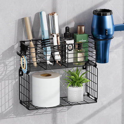 3 Tier Hair Tool Organizer Wall Mount, curling iron holder Basket, Black | Metal Mesh, Hair Dryer Holder, Bathroom Hair Styling Tool Organizer, Blow Dryer Holder, Hair Straightener Organizer